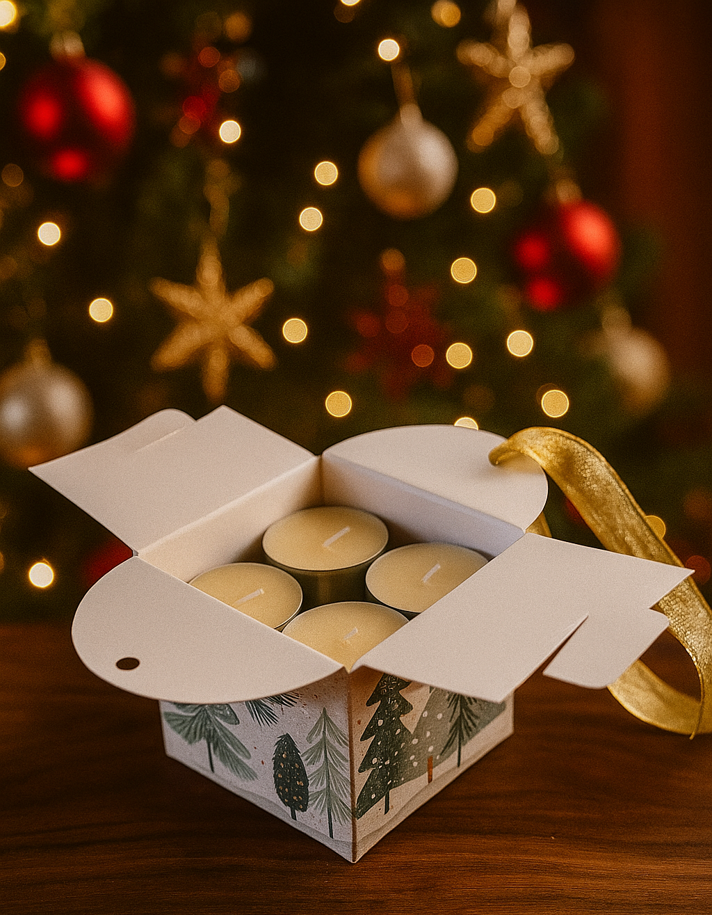 Open box with candles in front of a decorated Christmas tree