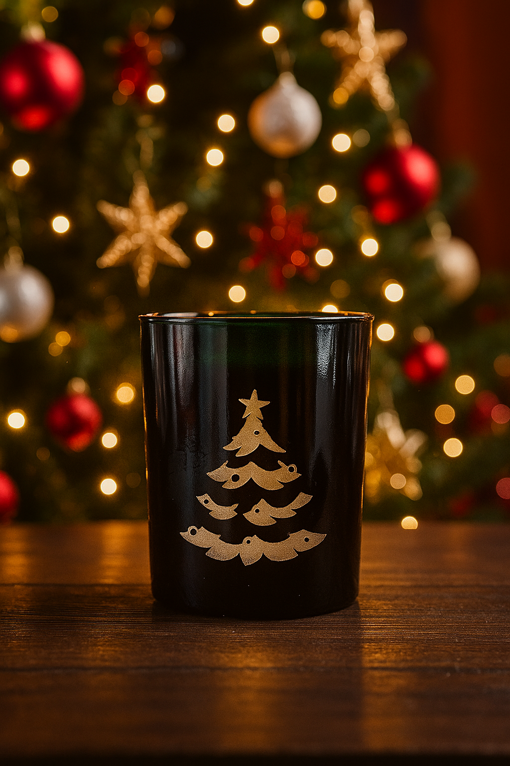 green candle holder with Christmas tree design in front of a decorated Christmas tree.